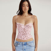 Vintage Spitze Satin Spaghettiträger Sweetheart Korsett Crop Top - Pink